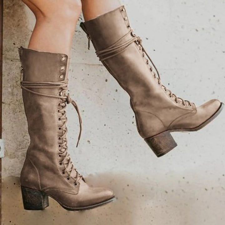 Amelia | Women’s Lace-Up Knee-High Boots with Block Heel