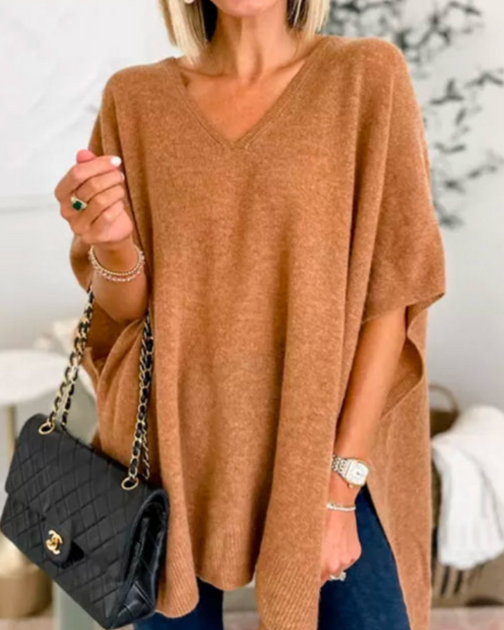Erica - V Neck Loose Fit Solid Poncho Sweater