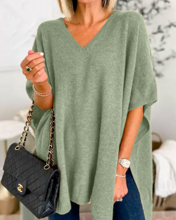 Erica - V Neck Loose Fit Solid Poncho Sweater