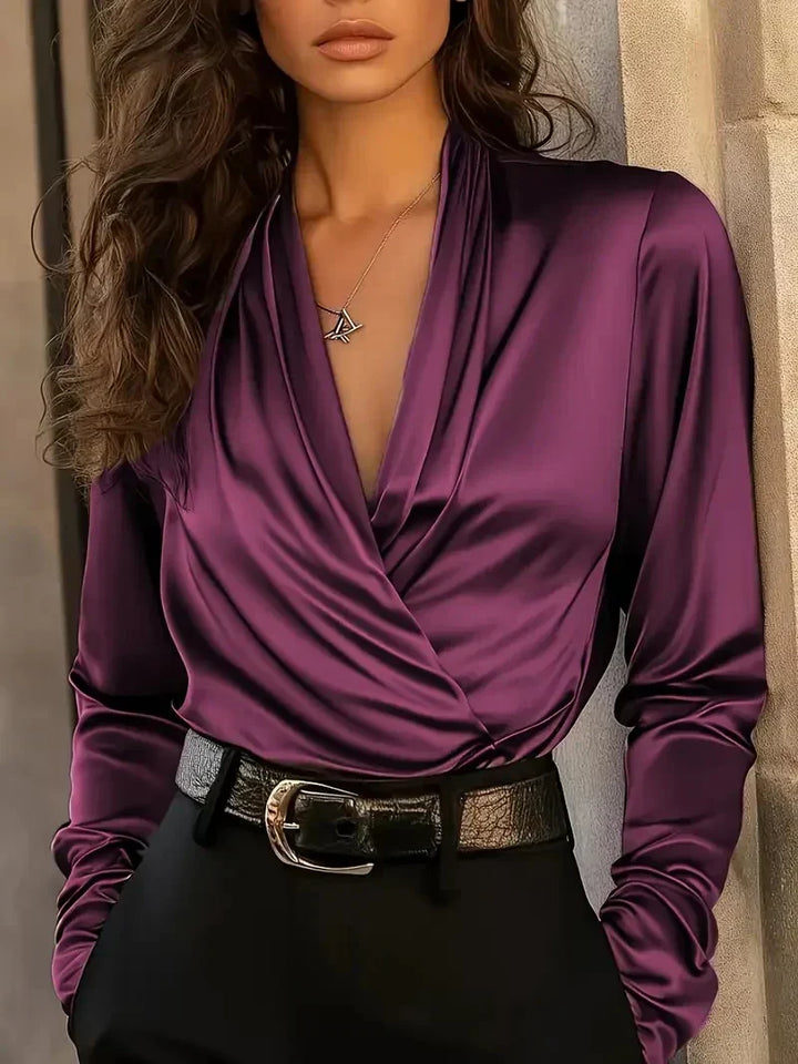 Adriana | Women's Blouse Satin Long Sleeve Wrap Pleated