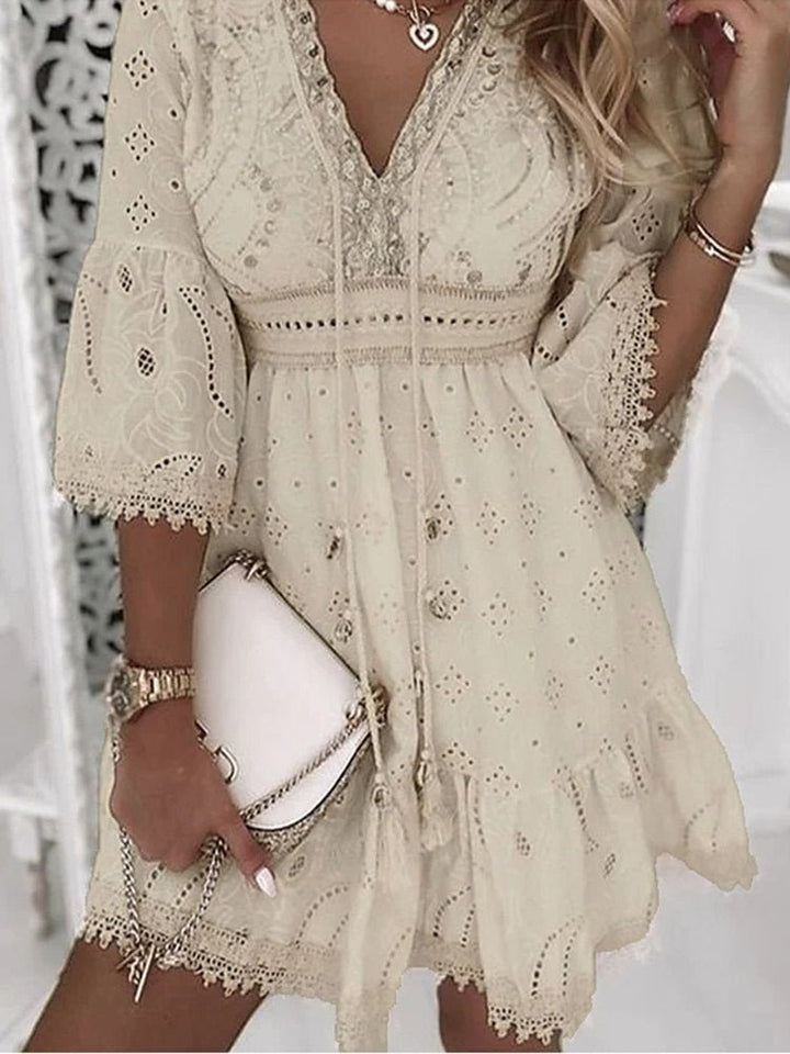 Anise | Women's Eyelet Lace Bell Sleeve Boho Mini Dress