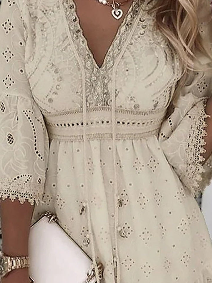 Anise | Women's Eyelet Lace Bell Sleeve Boho Mini Dress
