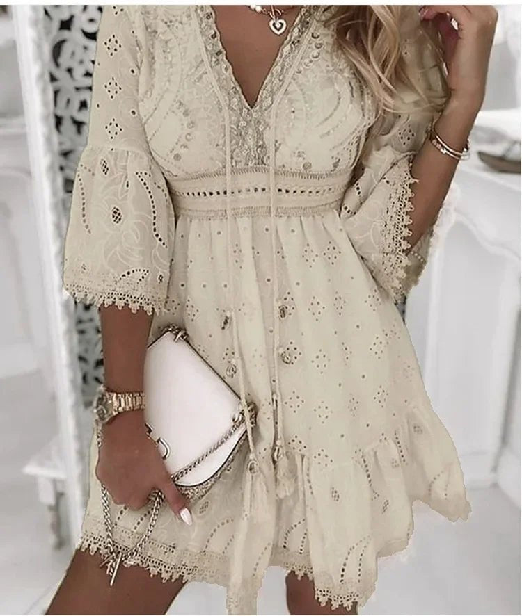 Anise | Women's Eyelet Lace Bell Sleeve Boho Mini Dress