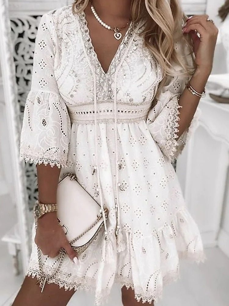 Anise | Women's Eyelet Lace Bell Sleeve Boho Mini Dress