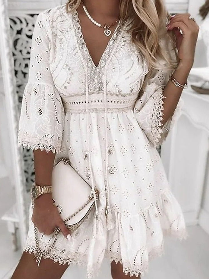 Anise | Women's Eyelet Lace Bell Sleeve Boho Mini Dress
