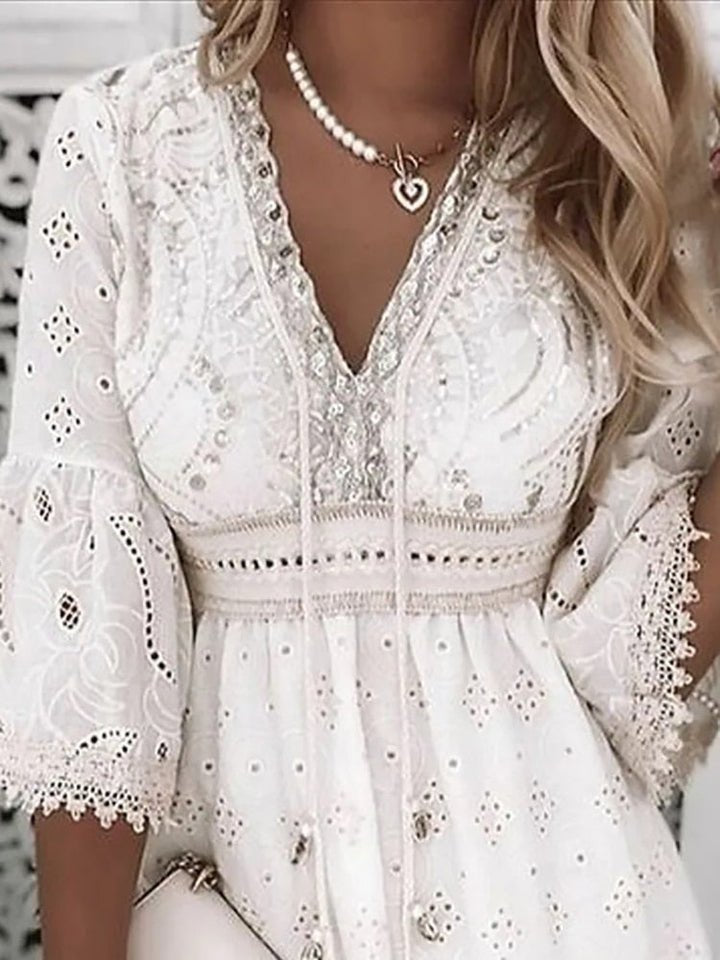 Anise | Women's Eyelet Lace Bell Sleeve Boho Mini Dress