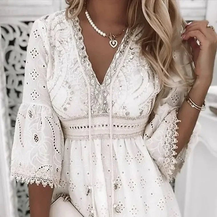 Anise | Women's Eyelet Lace Bell Sleeve Boho Mini Dress