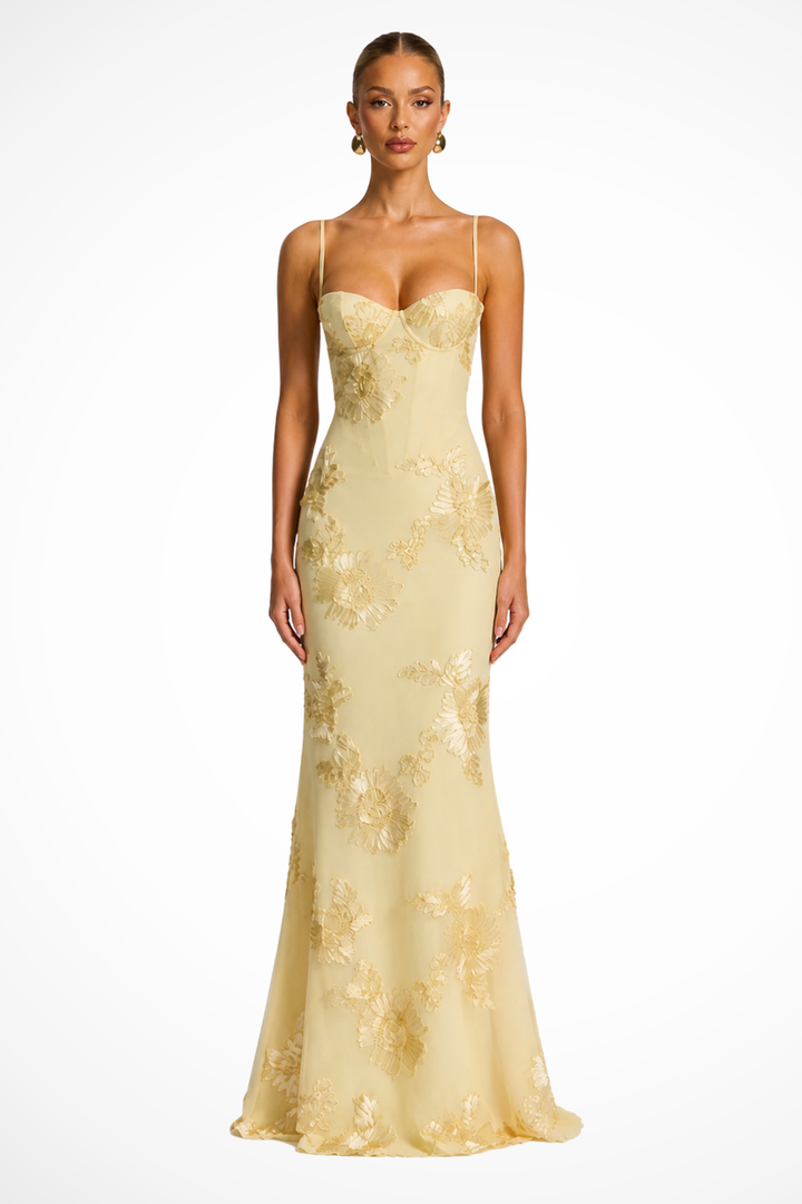Arabella | Women's Floral Embroidered Corset Cami Strap Wedding Guest Maxi Dress