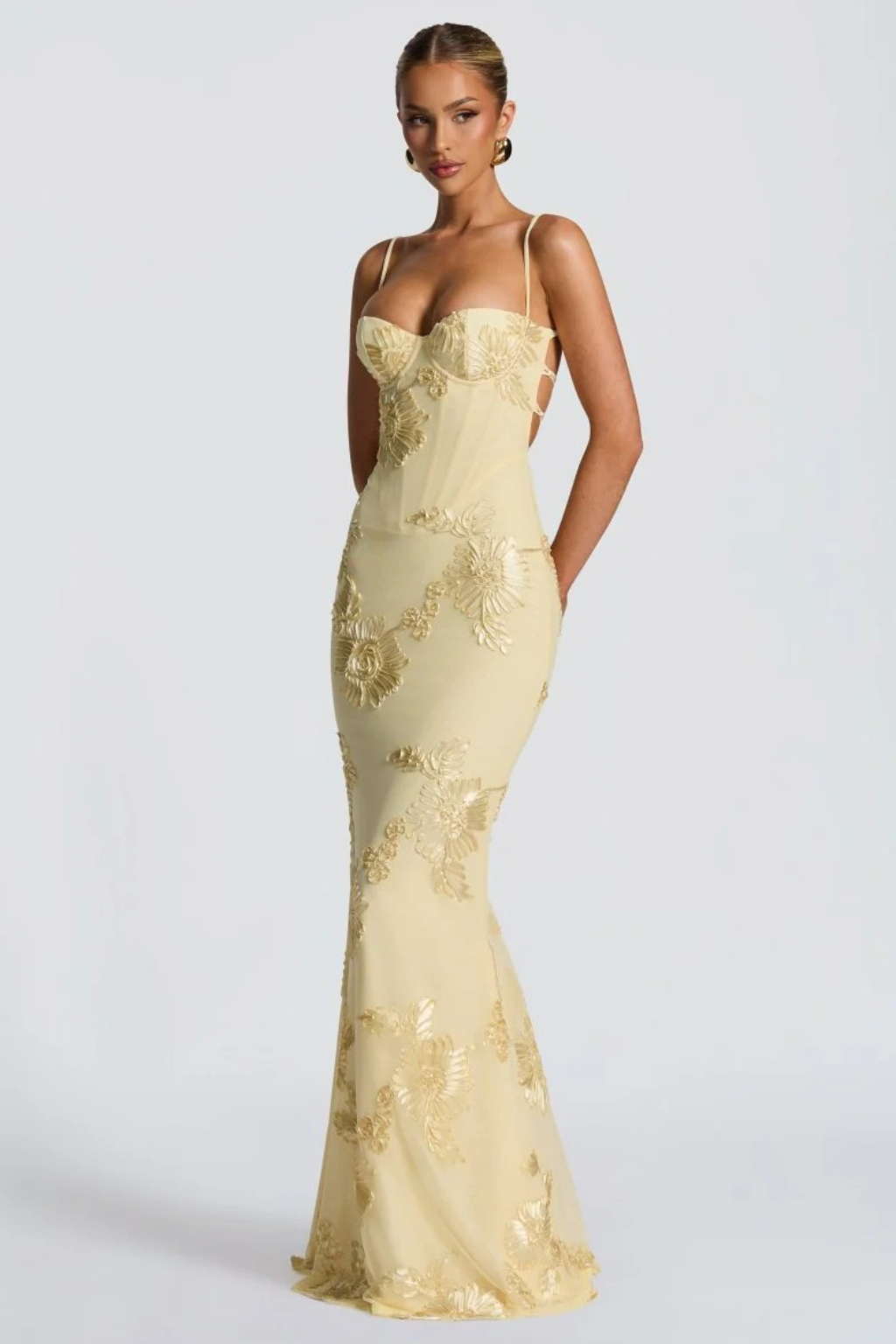 Arabella | Women's Floral Embroidered Corset Cami Strap Wedding Guest Maxi Dress