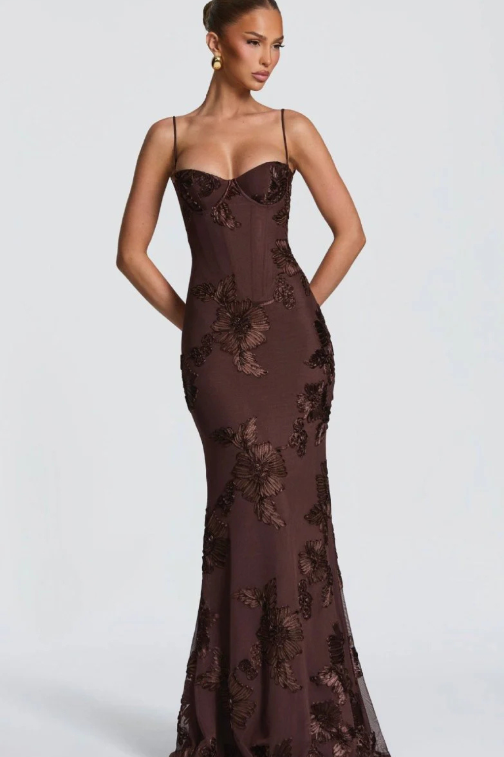 Arabella | Women's Floral Embroidered Corset Cami Strap Wedding Guest Maxi Dress
