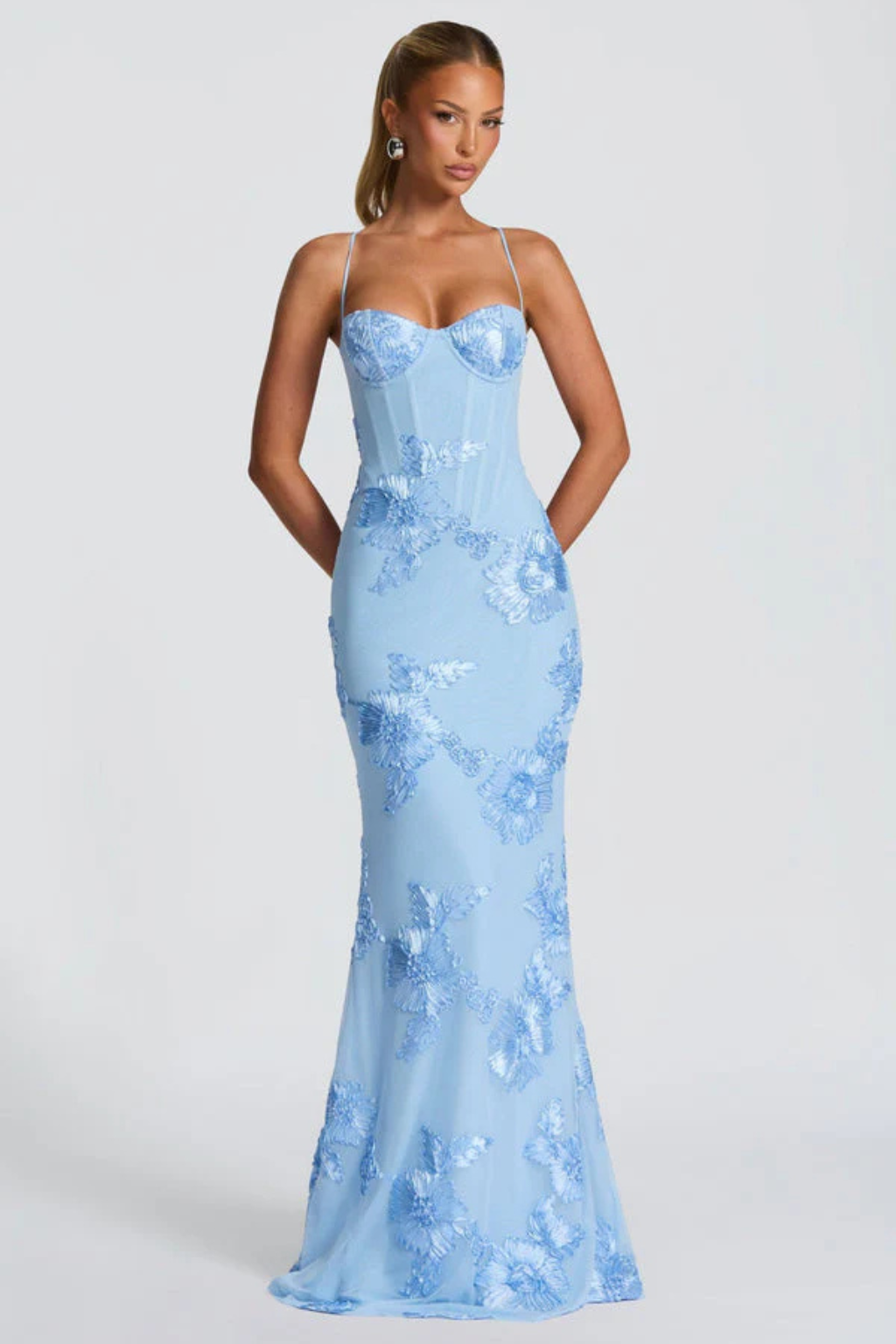 Arabella | Women's Floral Embroidered Corset Cami Strap Wedding Guest Maxi Dress