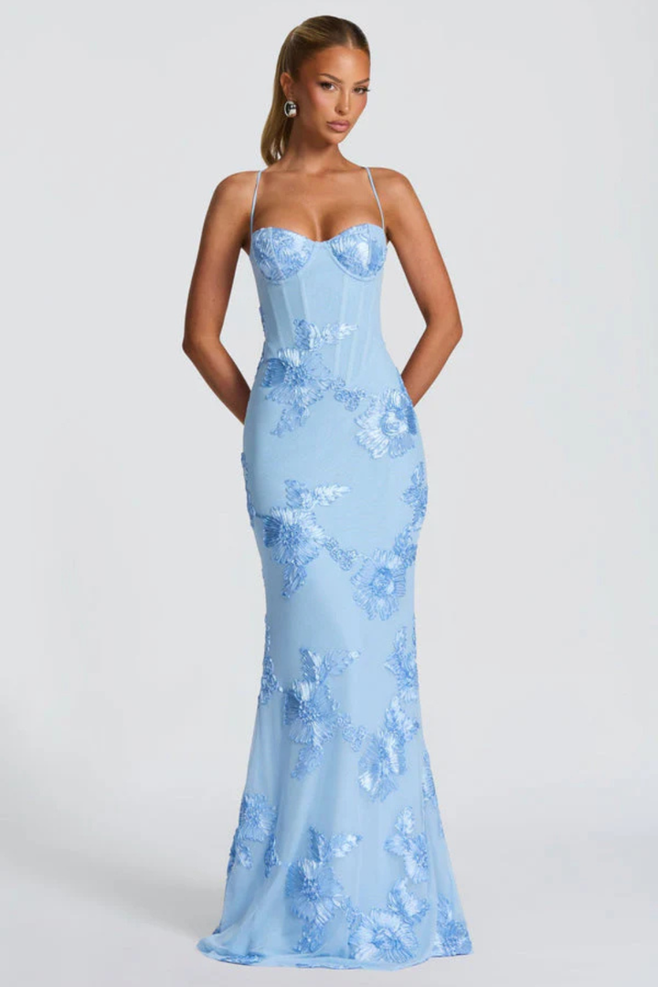 Arabella | Women's Floral Embroidered Corset Cami Strap Wedding Guest Maxi Dress