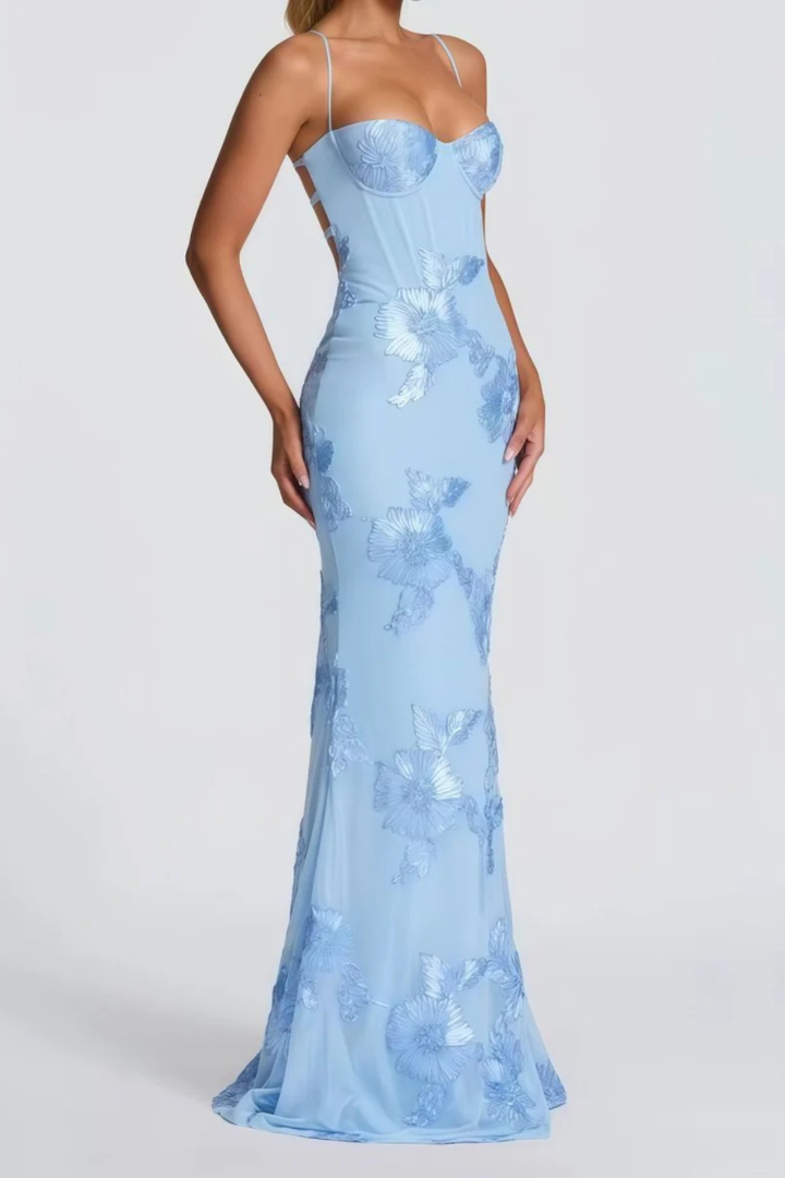 Arabella | Women's Floral Embroidered Corset Cami Strap Wedding Guest Maxi Dress