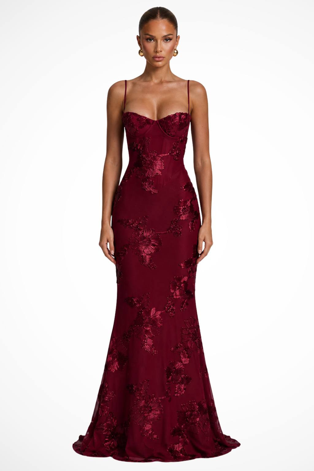 Arabella | Women's Floral Embroidered Corset Cami Strap Wedding Guest Maxi Dress