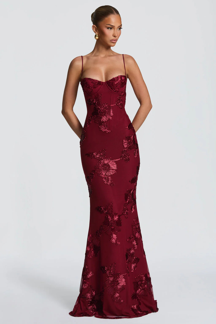 Arabella | Women's Floral Embroidered Corset Cami Strap Wedding Guest Maxi Dress