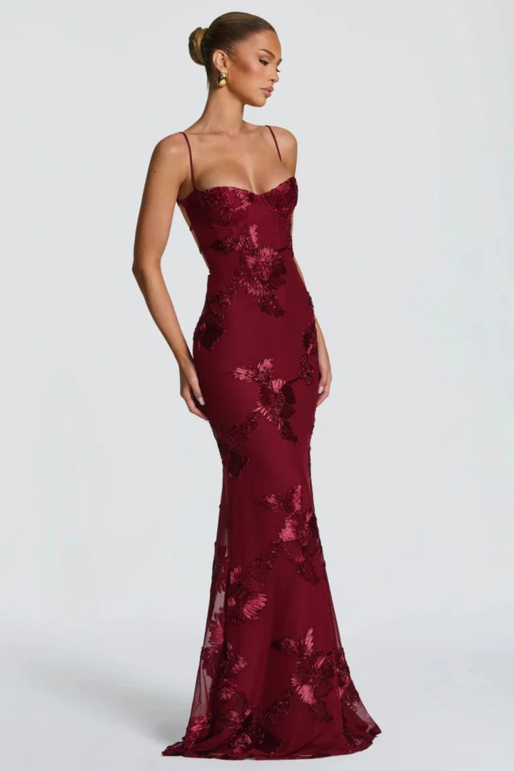Arabella | Women's Floral Embroidered Corset Cami Strap Wedding Guest Maxi Dress