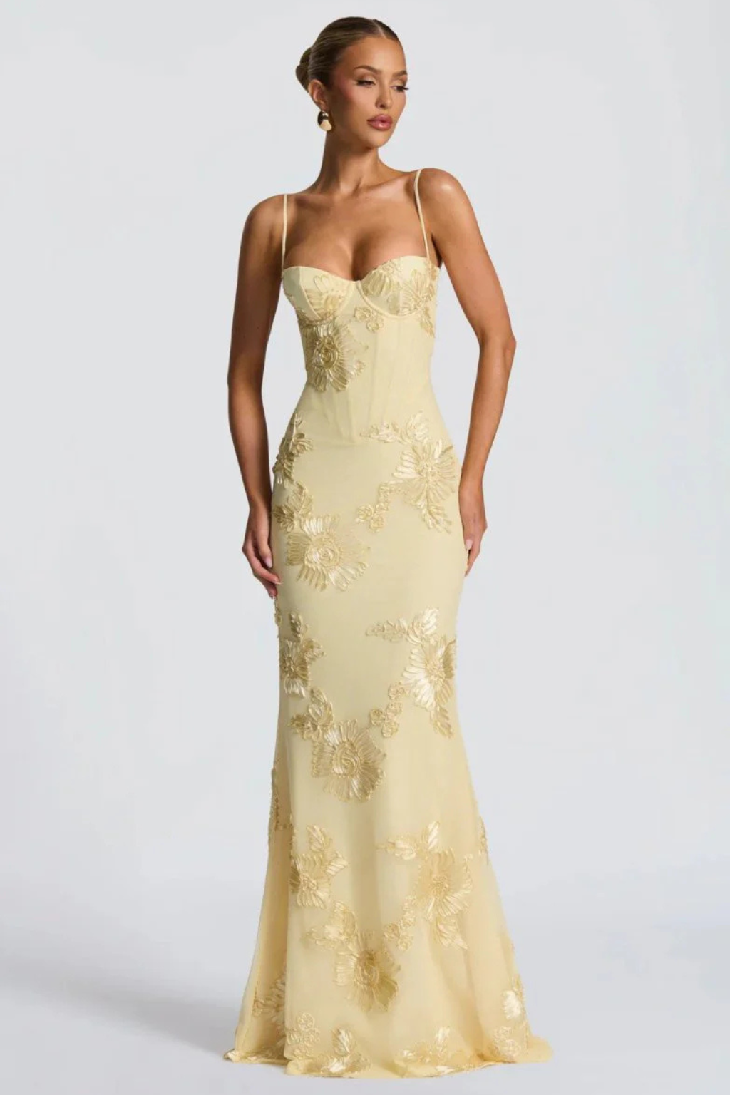 Arabella | Women's Floral Embroidered Corset Cami Strap Wedding Guest Maxi Dress