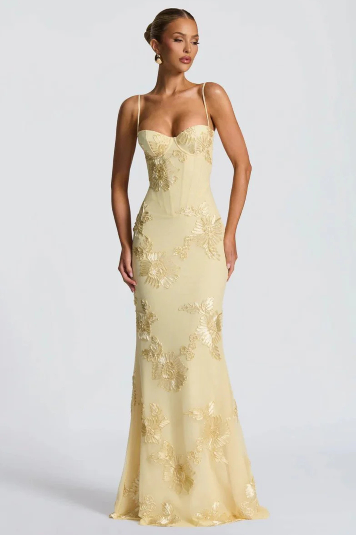 Arabella | Women's Floral Embroidered Corset Cami Strap Wedding Guest Maxi Dress