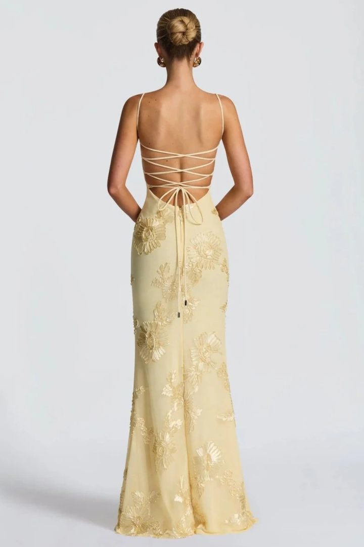 Arabella | Women's Floral Embroidered Corset Cami Strap Wedding Guest Maxi Dress