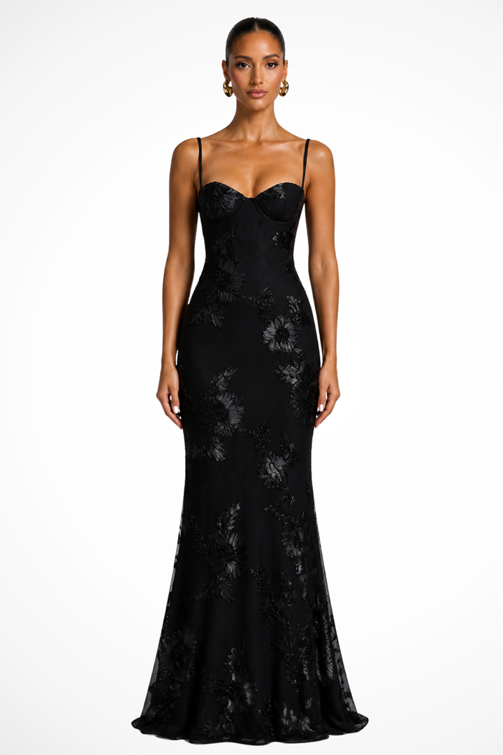 Arabella | Women's Floral Embroidered Corset Cami Strap Wedding Guest Maxi Dress