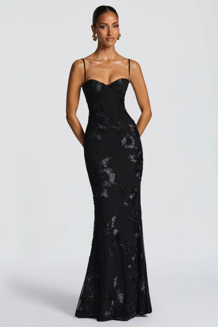 Arabella | Women's Floral Embroidered Corset Cami Strap Wedding Guest Maxi Dress