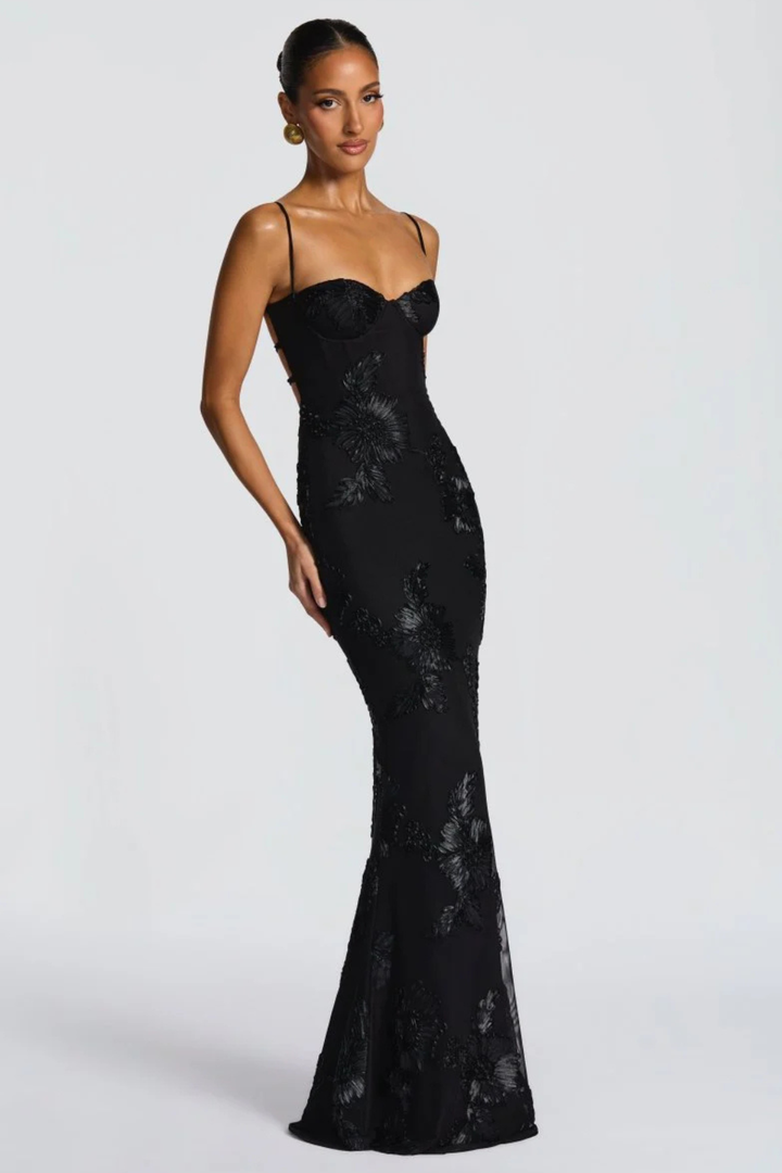 Arabella | Women's Floral Embroidered Corset Cami Strap Wedding Guest Maxi Dress