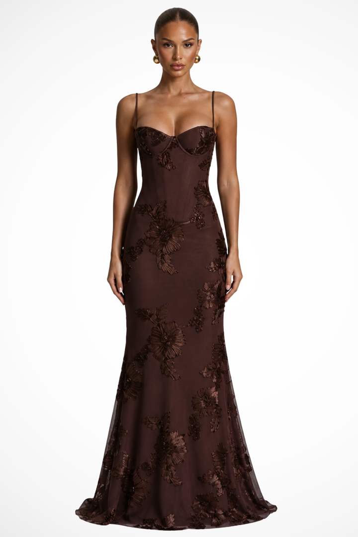 Arabella | Women's Floral Embroidered Corset Cami Strap Wedding Guest Maxi Dress
