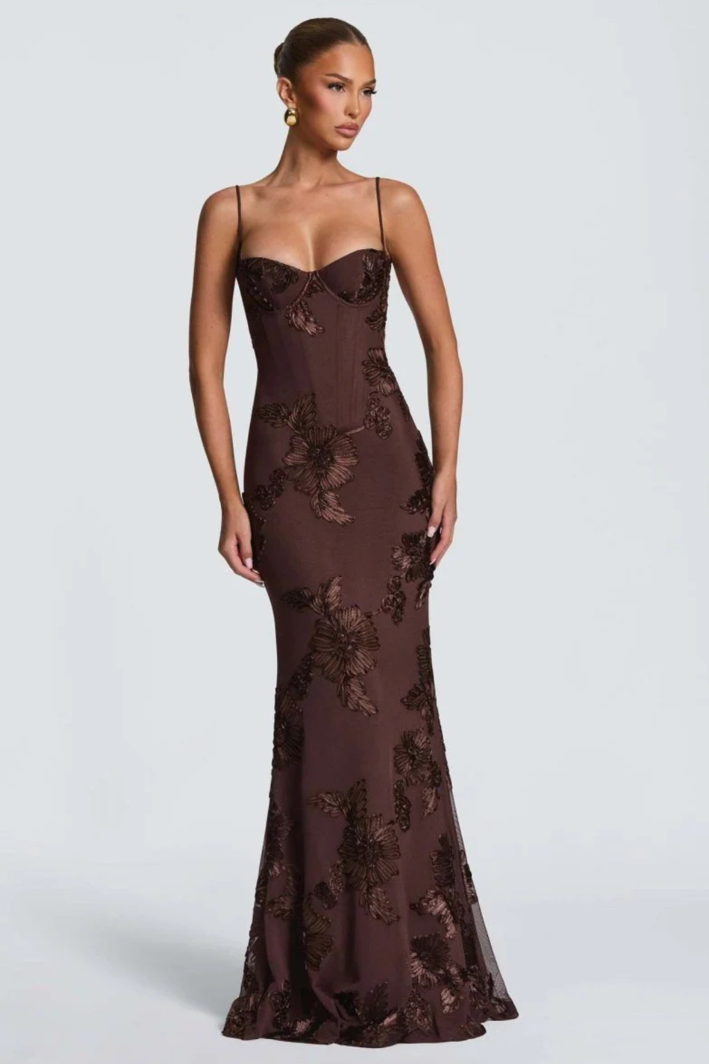 Arabella | Women's Floral Embroidered Corset Cami Strap Wedding Guest Maxi Dress