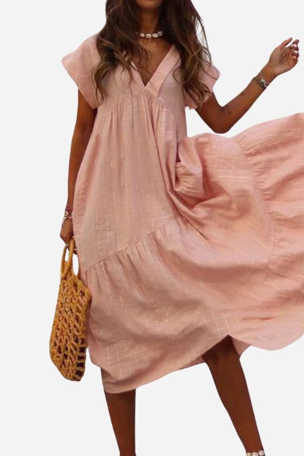 Ava | Women's Tiered V Neck Short Sleeve Midi Sundress