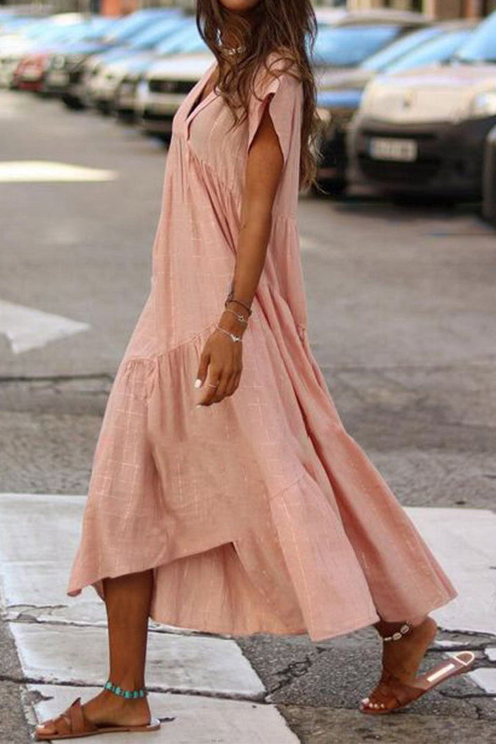 Ava | Women's Tiered V Neck Short Sleeve Midi Sundress