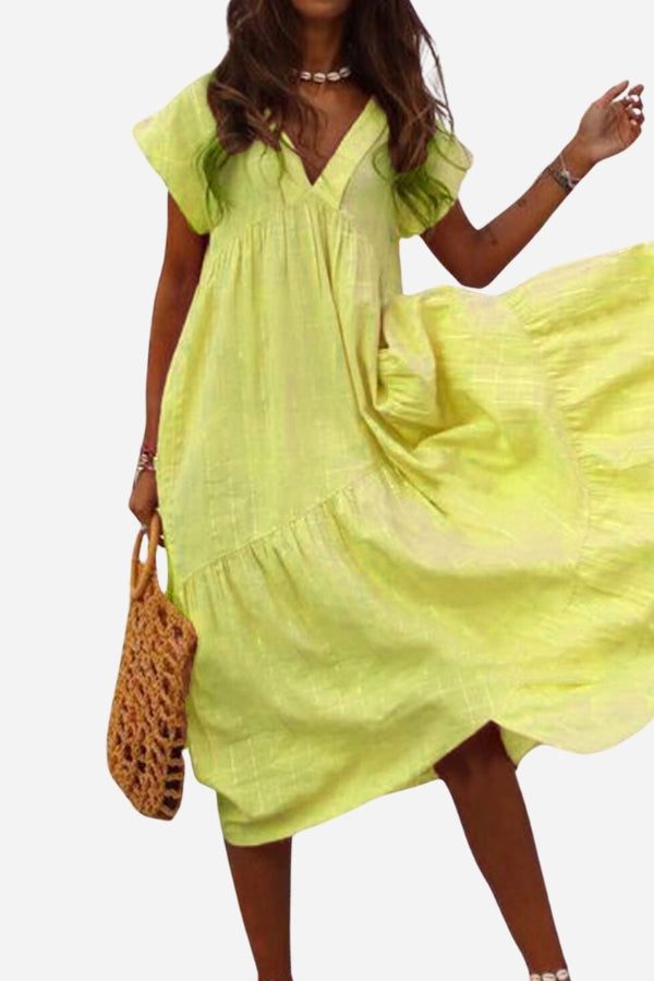 Ava | Women's Tiered V Neck Short Sleeve Midi Sundress