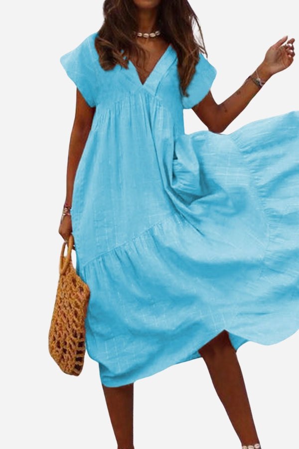 Ava | Women's Tiered V Neck Short Sleeve Midi Sundress