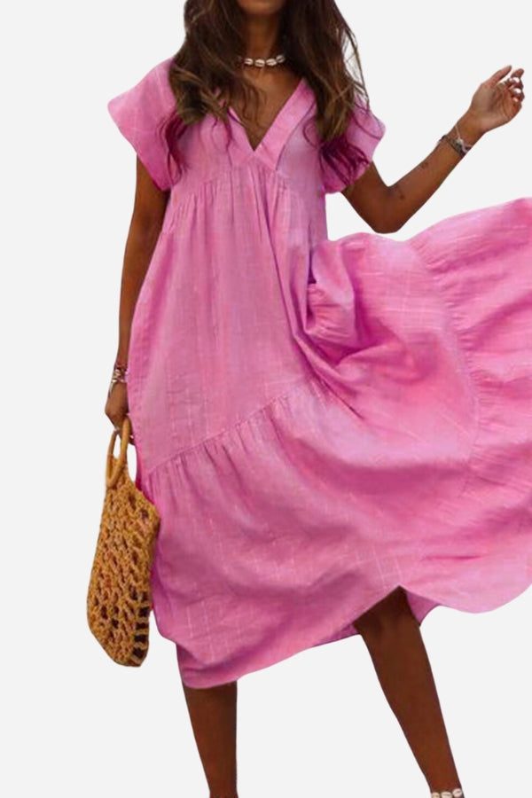 Ava | Women's Tiered V Neck Short Sleeve Midi Sundress