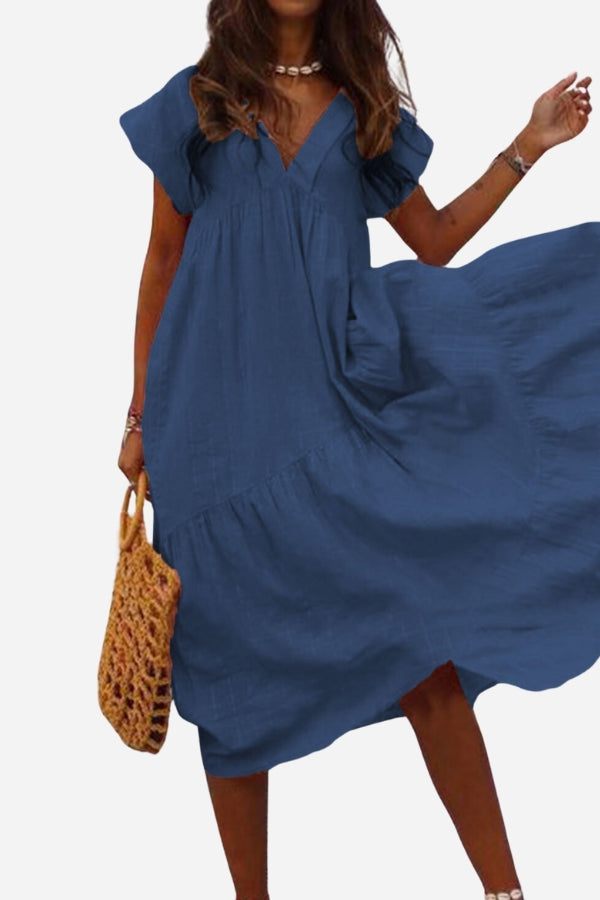 Ava | Women's Tiered V Neck Short Sleeve Midi Sundress