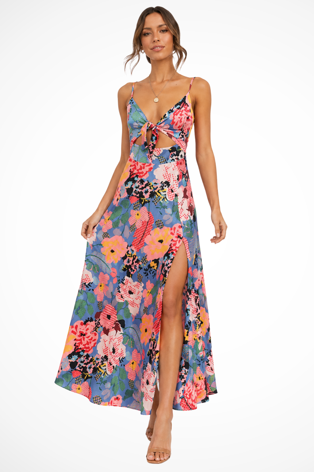Aveline | Women's Tie Front Floral Wedding Guest Maxi Dress with Cut Out Detail