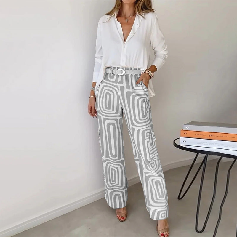 Bianca | Women's Geometric Print High Waist Wide Leg Trousers