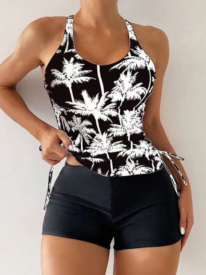 Camila | Women's Tropical Palm Print Cross Back Drawstring Tankini Set