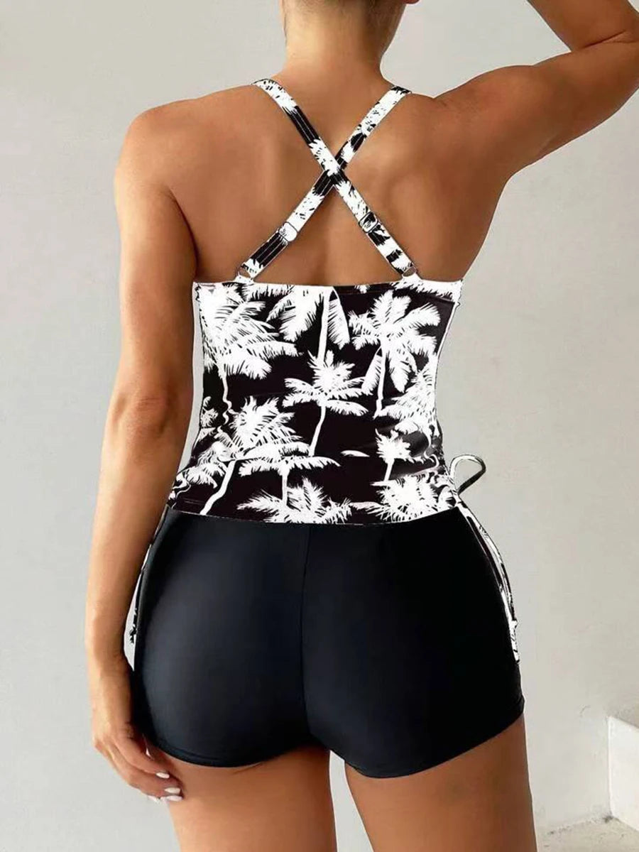Camila | Women's Tropical Palm Print Cross Back Drawstring Tankini Set
