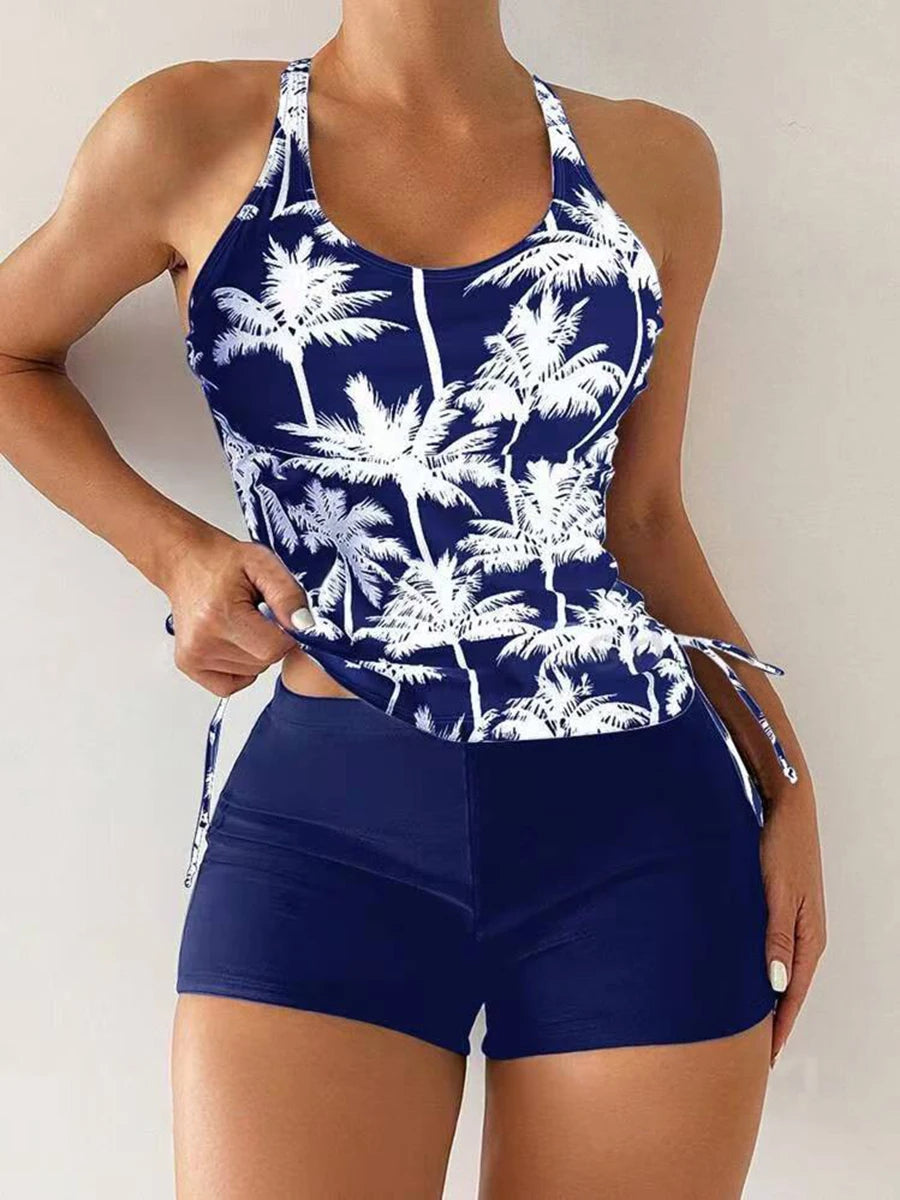 Camila | Women's Tropical Palm Print Cross Back Drawstring Tankini Set