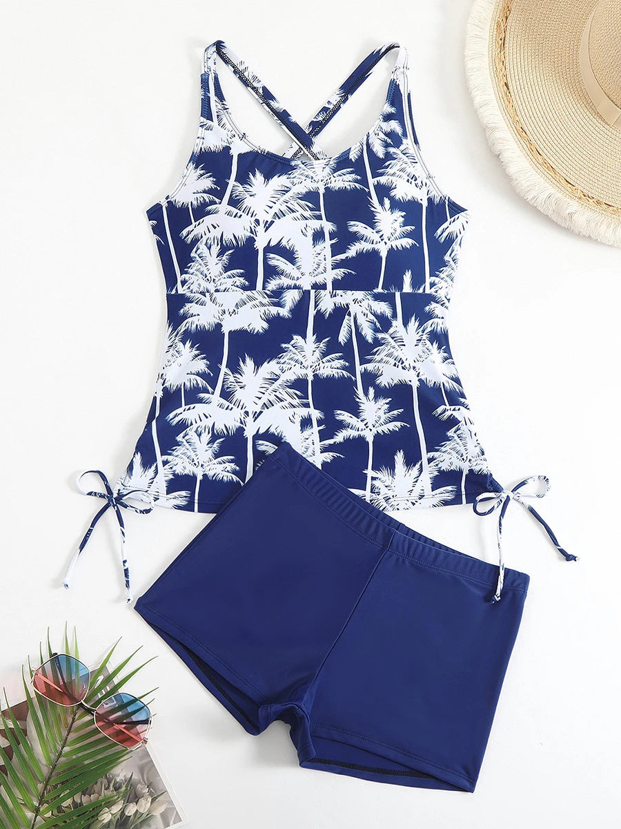 Camila | Women's Tropical Palm Print Cross Back Drawstring Tankini Set