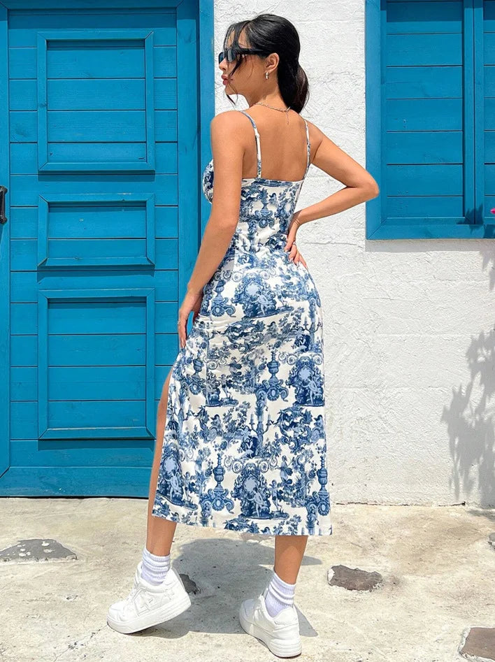 Celeste | Women's Midi Cocktail Dress Ruched Slit Spaghetti Strap