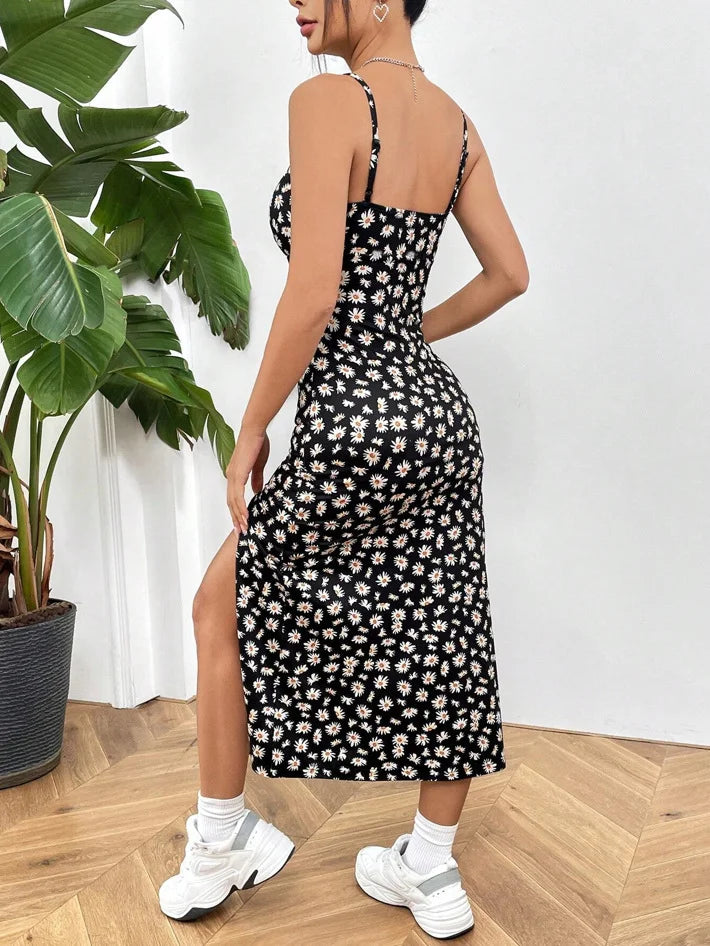 Celeste | Women's Midi Cocktail Dress Ruched Slit Spaghetti Strap