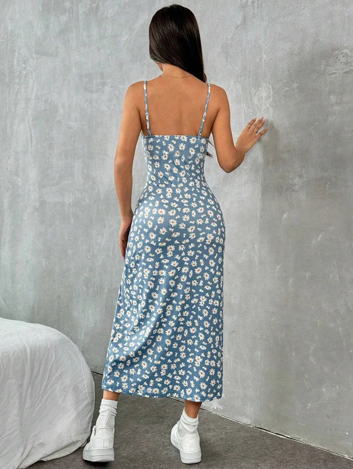 Celeste | Women's Midi Cocktail Dress Ruched Slit Spaghetti Strap