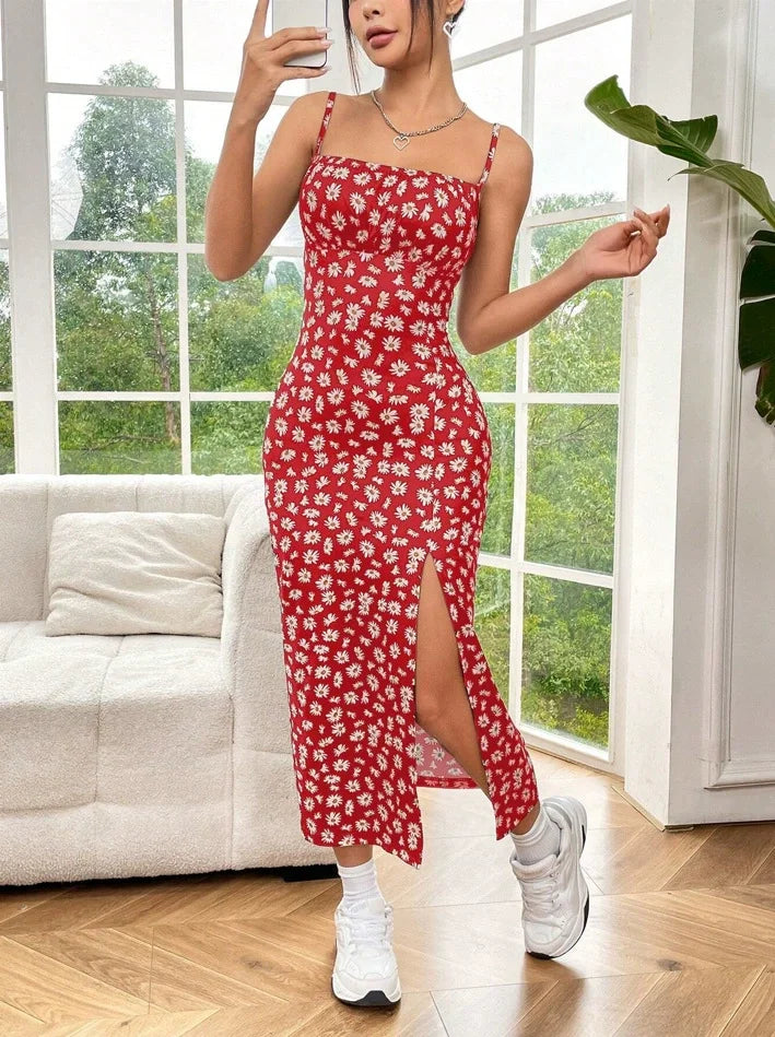 Celeste | Women's Midi Cocktail Dress Ruched Slit Spaghetti Strap
