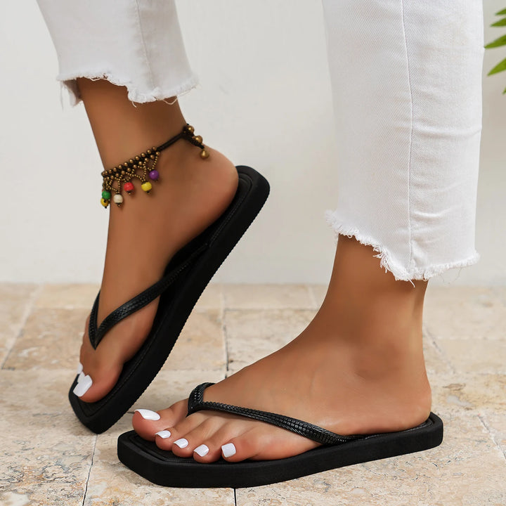 Chloe | Women's Flip Flops Square Toe Woven Flat Beach Sandals
