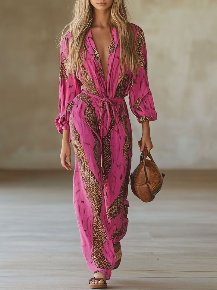Chloe | Women's Resort Animal Print V Neck Wide Leg Jumpsuit