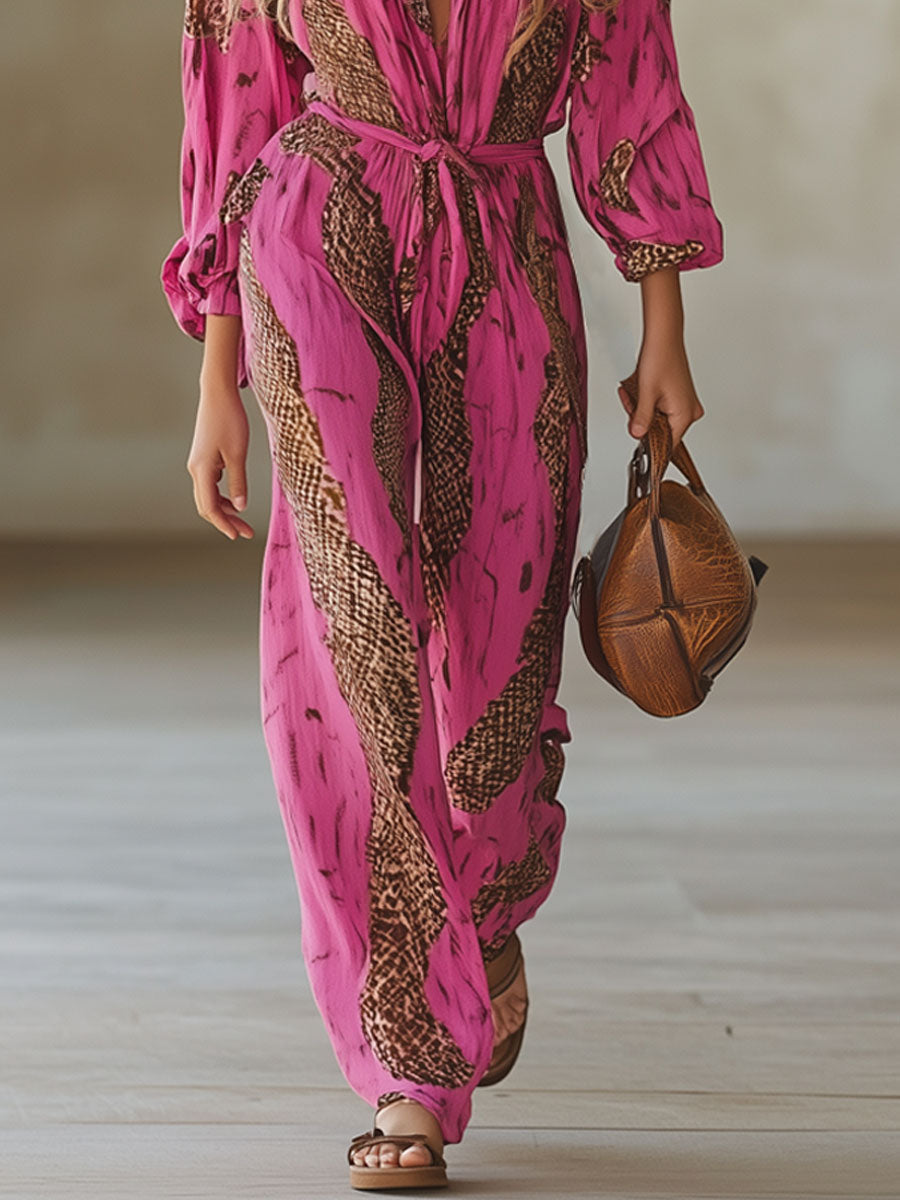Chloe | Women's Resort Animal Print V Neck Wide Leg Jumpsuit