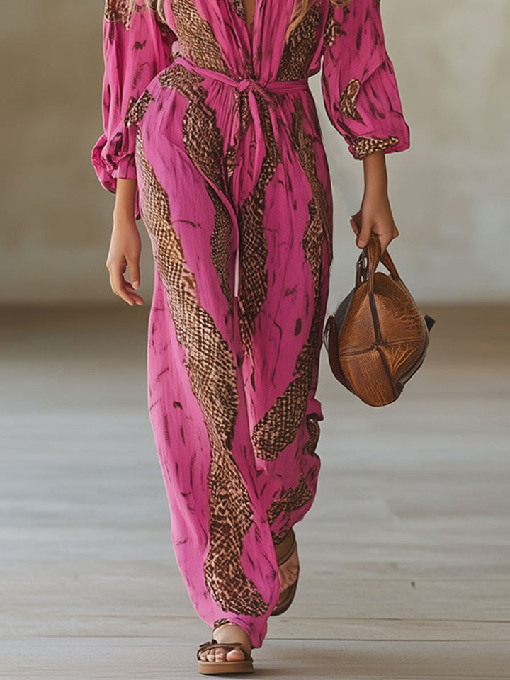 Chloe | Women's Resort Animal Print V Neck Wide Leg Jumpsuit