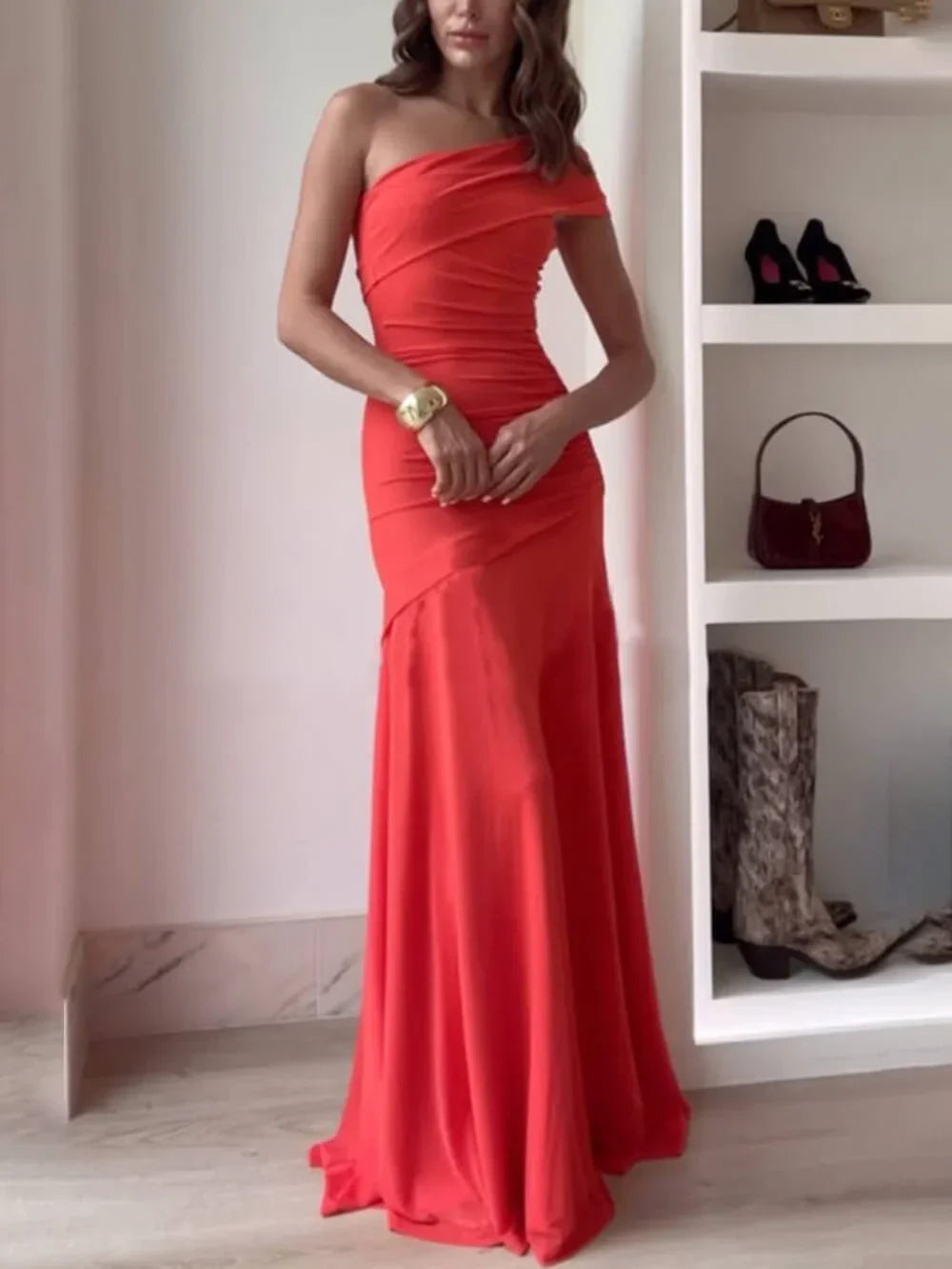 Clarabelle | Women's One Shoulder Ruched Maxi Dress Formal