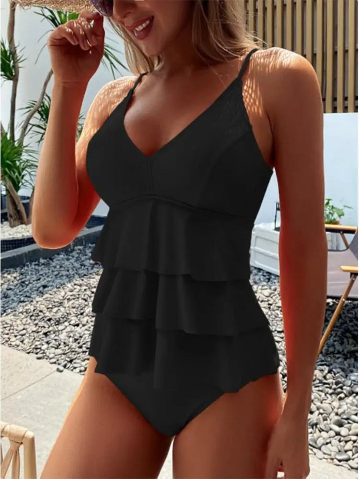 Cleo | Women's Beach Tiered Ruffle V Neck One Piece Swimsuit